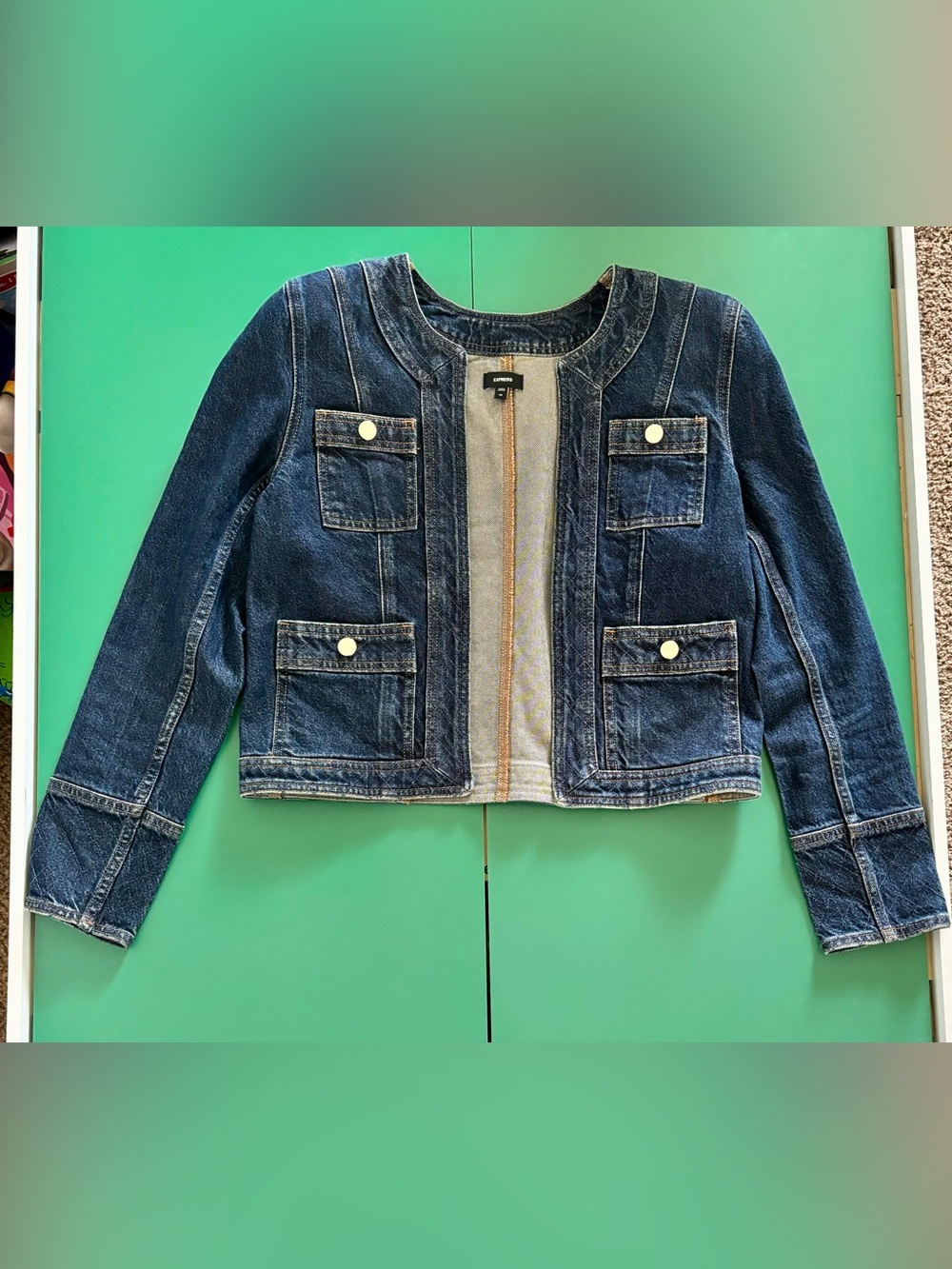 Express Size XS Dark Blue Denim Jacket with Front Pockets and padded shoulders